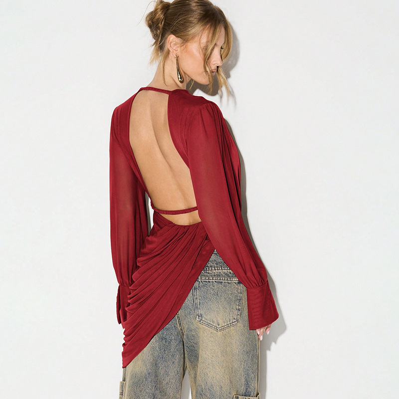 V Neck Mesh Tops Solid T Shirt - Winter Clothes 评论和价格